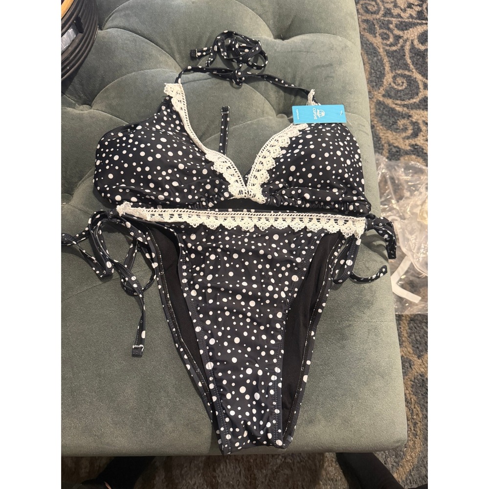Cupshe Womens 2XL Polka Dot Bikini Set Black White Crochet Lace Trim NWT